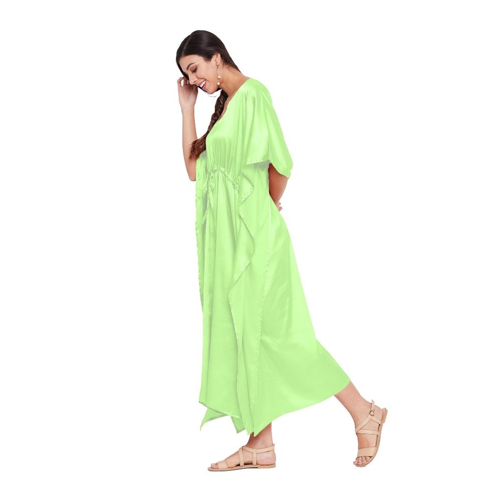 Riara Womens Fashion Satin Long Kaftan Gown Green Nighty with Sleeve Night Dress - Picture 3 of 6